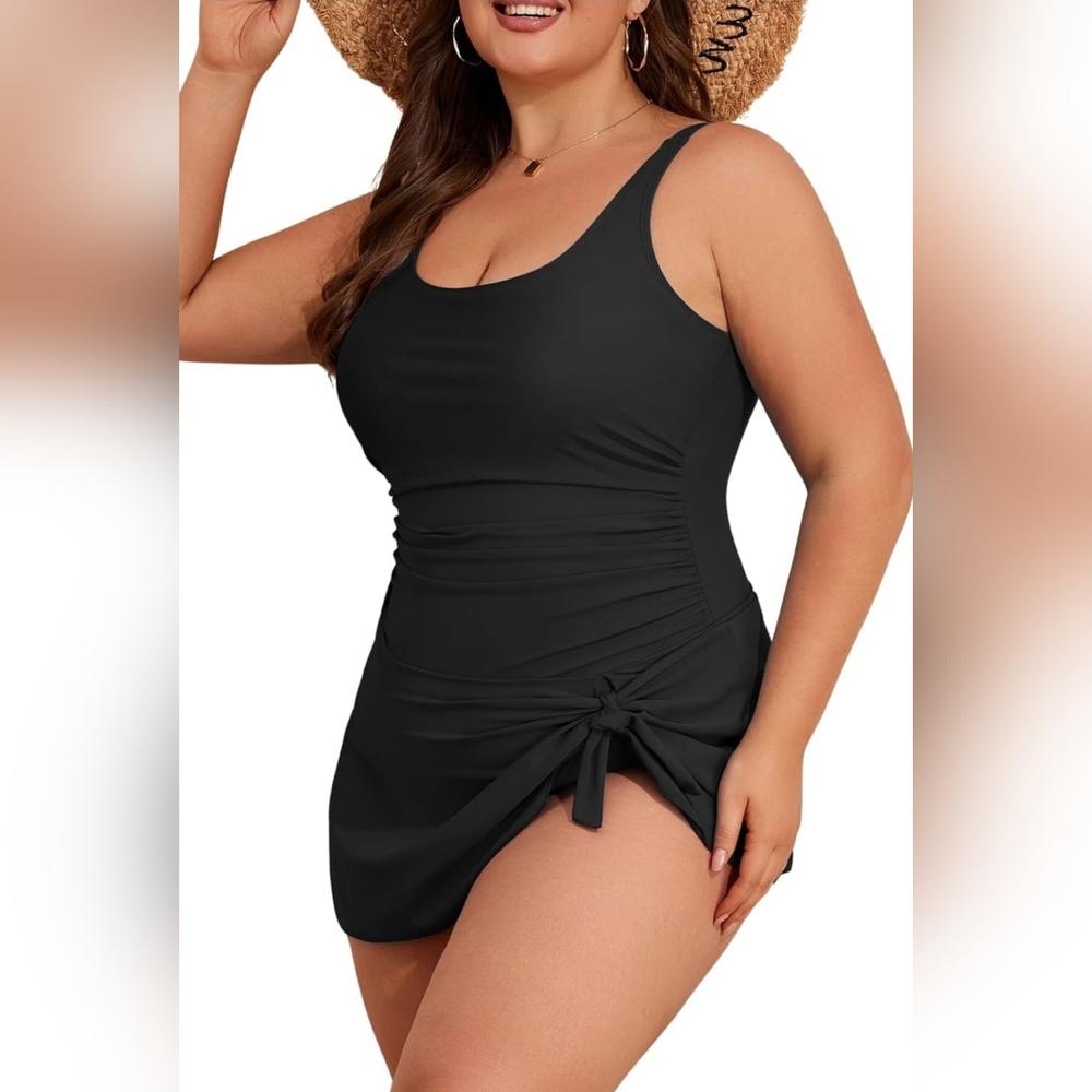Eomenie Plus Size Black Women's Swimdress Tummy Control Bathing Suit